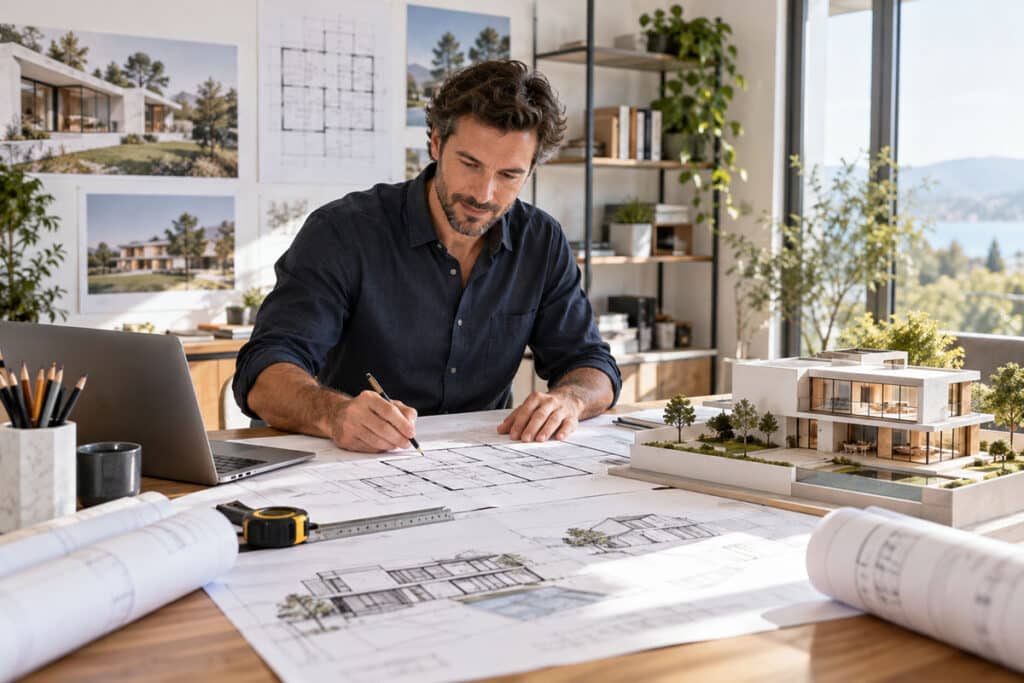 Architekt arbeitet an Bauplänen für ein modernes Fertighaus