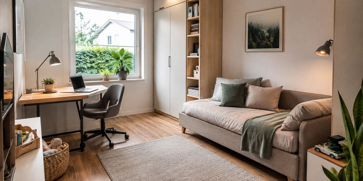 Jokerzimmer mit Schreibtisch, Schlafsofa und Bücherregal