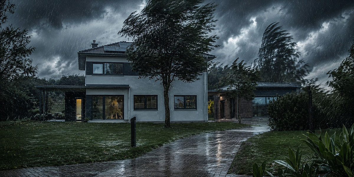 Fertighaus im Sturm und bei Regen