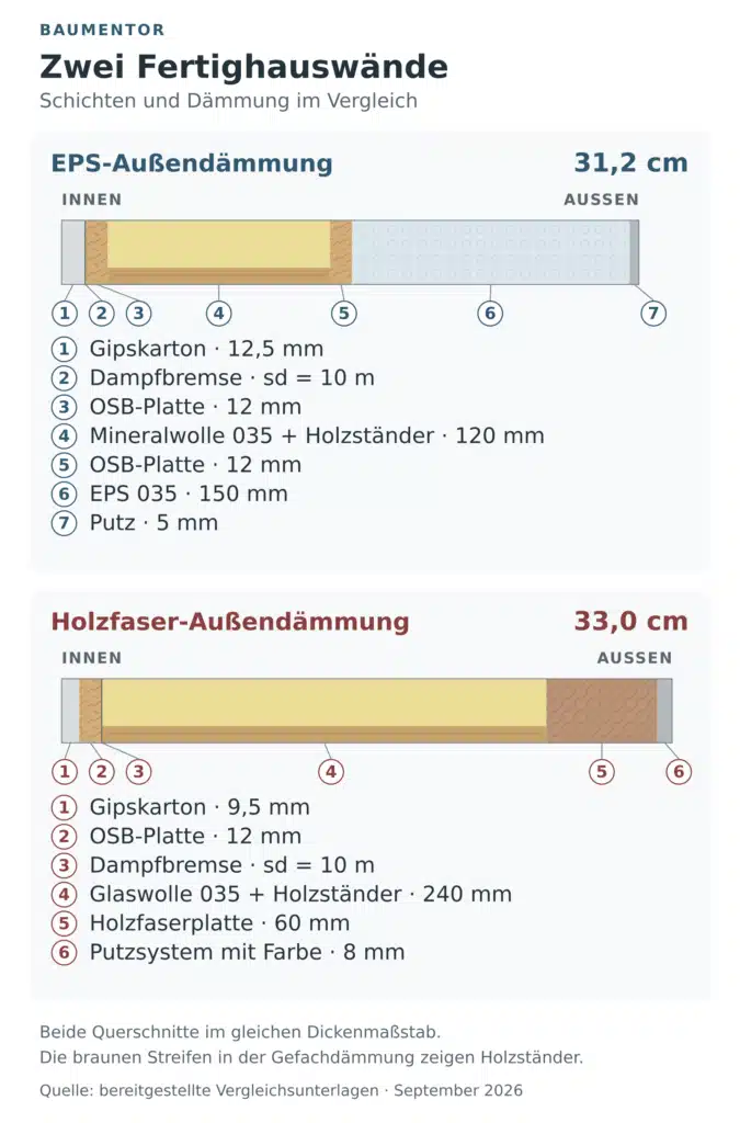 Schichten zweier Fertighauswände im Vergleich: 31,2 cm mit EPS-Außendämmung und 33,0 cm mit Holzfaser-Außendämmung
