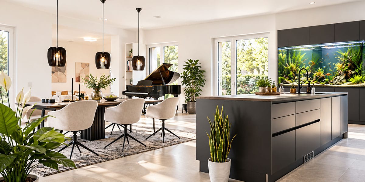 Wohnzimmer mit Piano, Aquarium und großem Esstisch